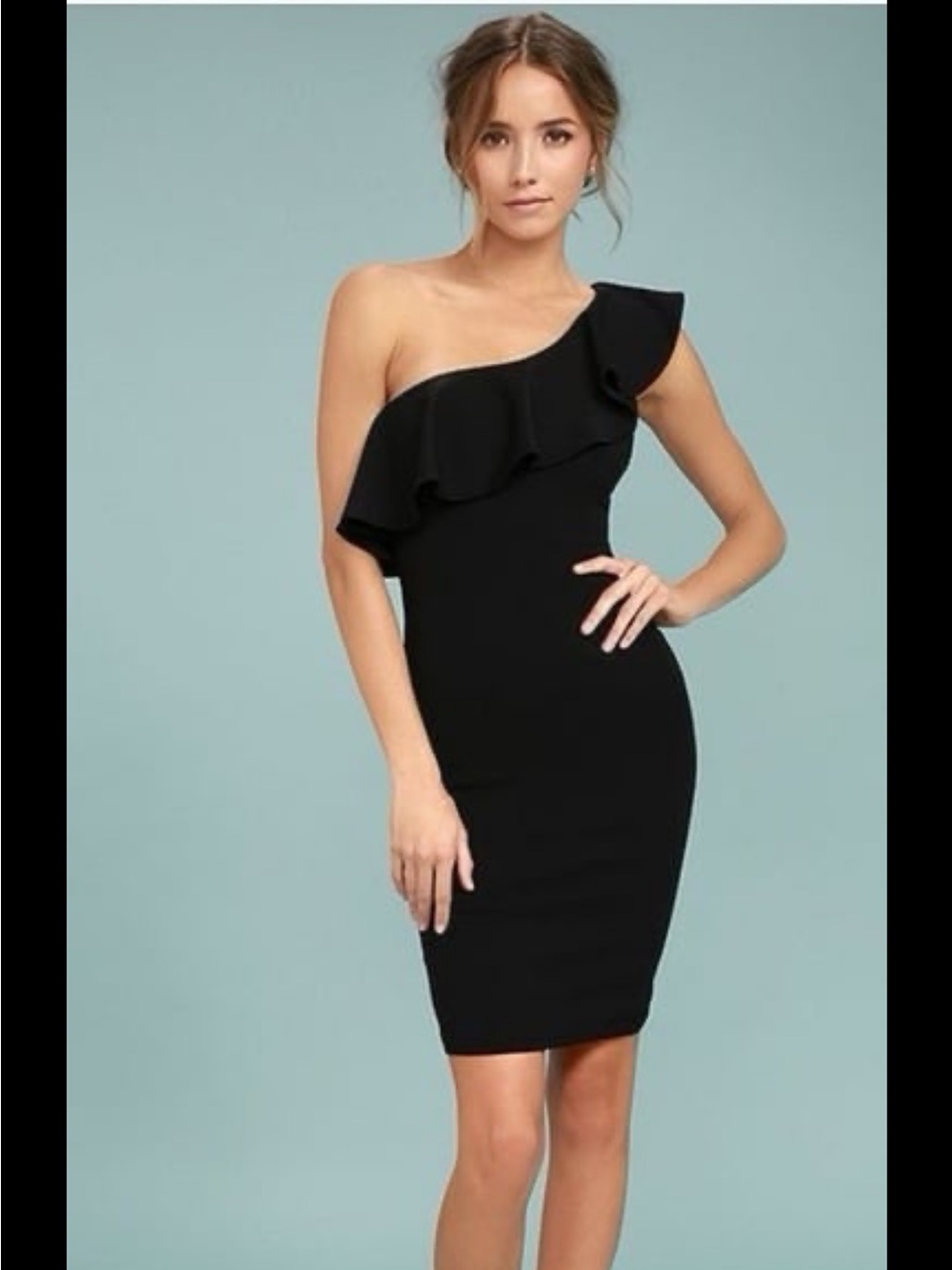 Lulu's Black One-Shoulder Ruffle Bodycon Dress